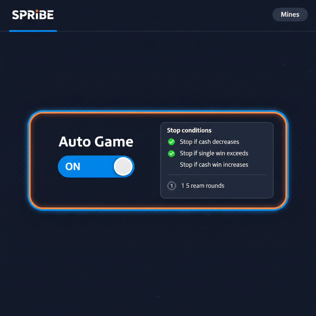 Toggle Auto Game con impostazioni stop conditions per il gioco automatico in Mines SPRIBE