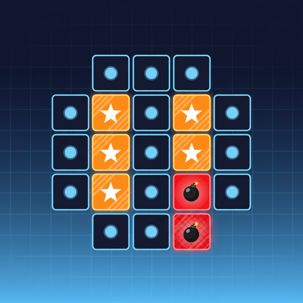 Griglia 5x5 di Mines con tessere non rivelate, stelle arancioni e mine rosse esplose