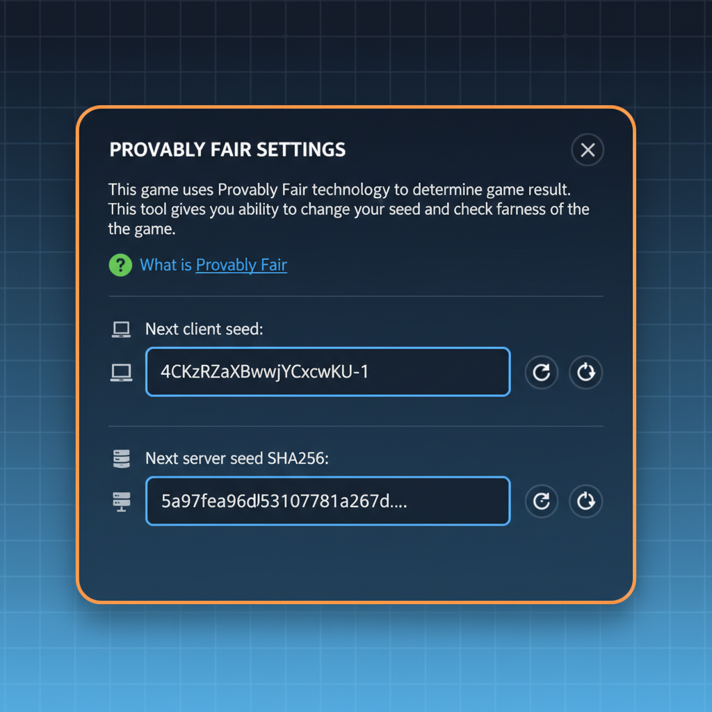 Schermata impostazioni Provably Fair con client seed e server seed SHA256 verificabili
