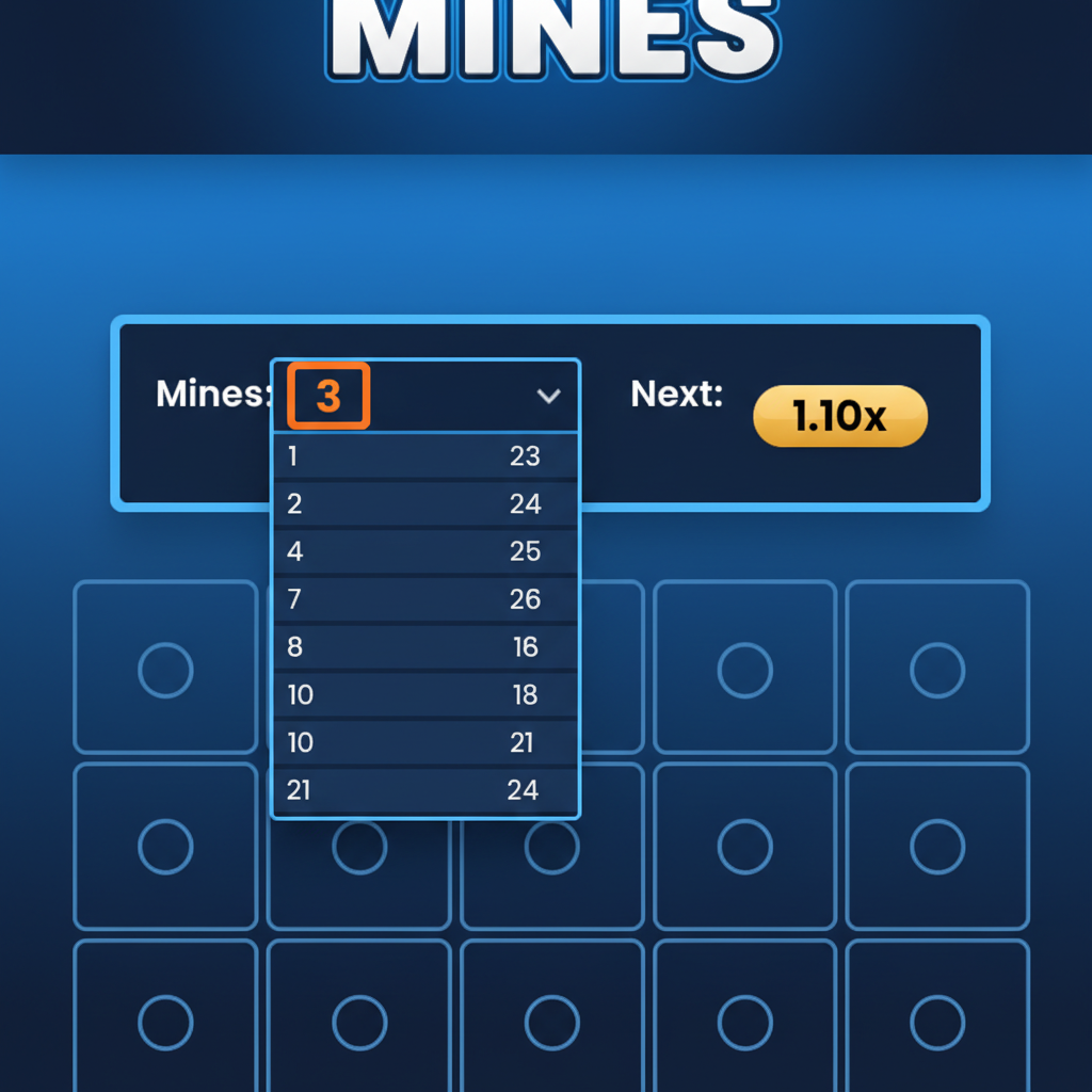 Menu a tendina per selezionare il numero di mine da 1 a 24 nel gioco Mines