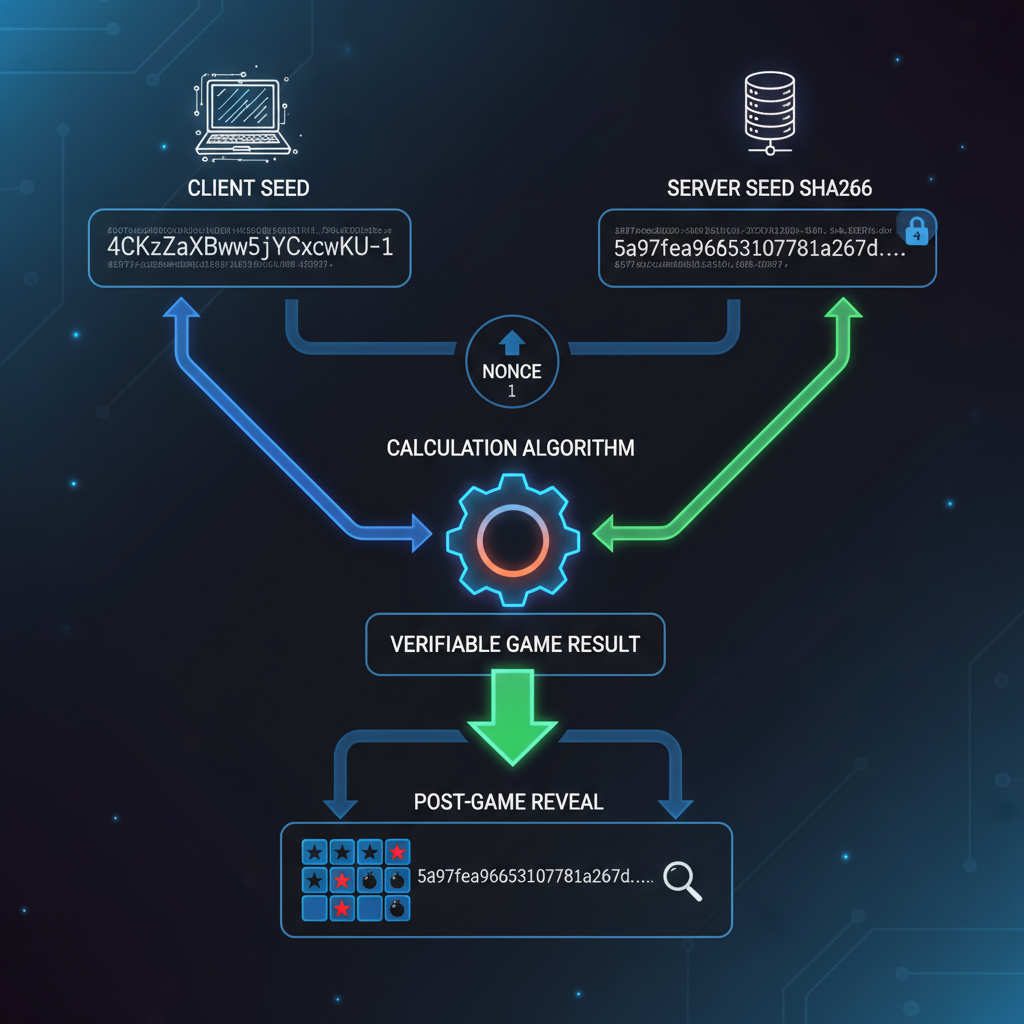 Processo di verifica Provably Fair in Mines: client seed, server seed SHA256 e nonce per risultati verificabili